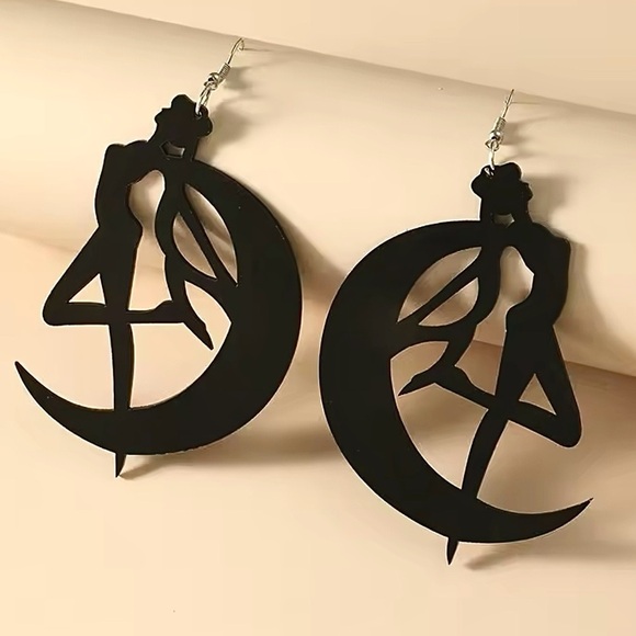Oversized Sailor Moon Crescent Black Earrings | Kawaii 90s Retro Anime Jewelry - Picture 4 of 9